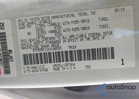 2019 Toyota Tundra Sr 4.6L V8 z USA, uszkodzony, nr VIN 5TFRM5F11KX140593